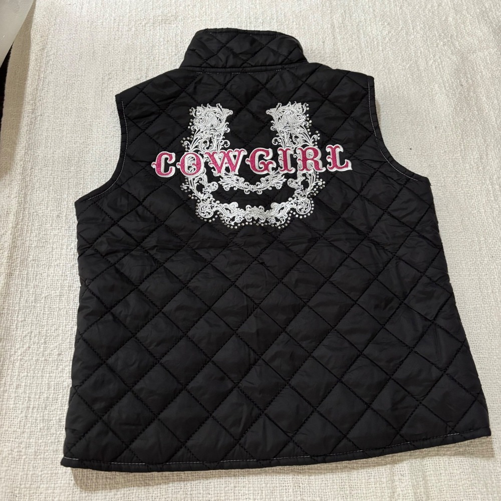 Cowgirl Hardware Kids Black Quilted Puffer Vest Horseshoe Rhinestone Size XS 5 - Picture 2 of 10